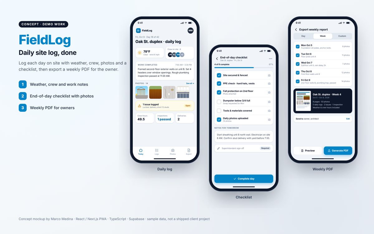 FieldLog concept screens